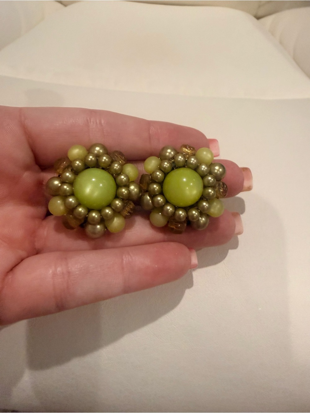 Vintage Lime Green Beaded Floral Clip-On Earrings - Women Jewelry